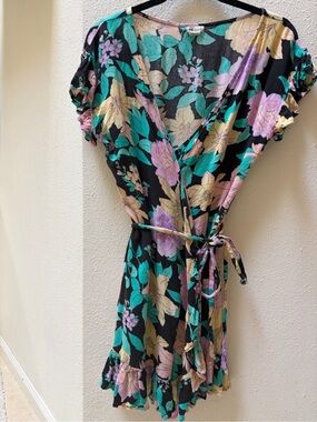 Billabong Floral Wrap and Roll Mini Dress in Black with Teal & Lilac